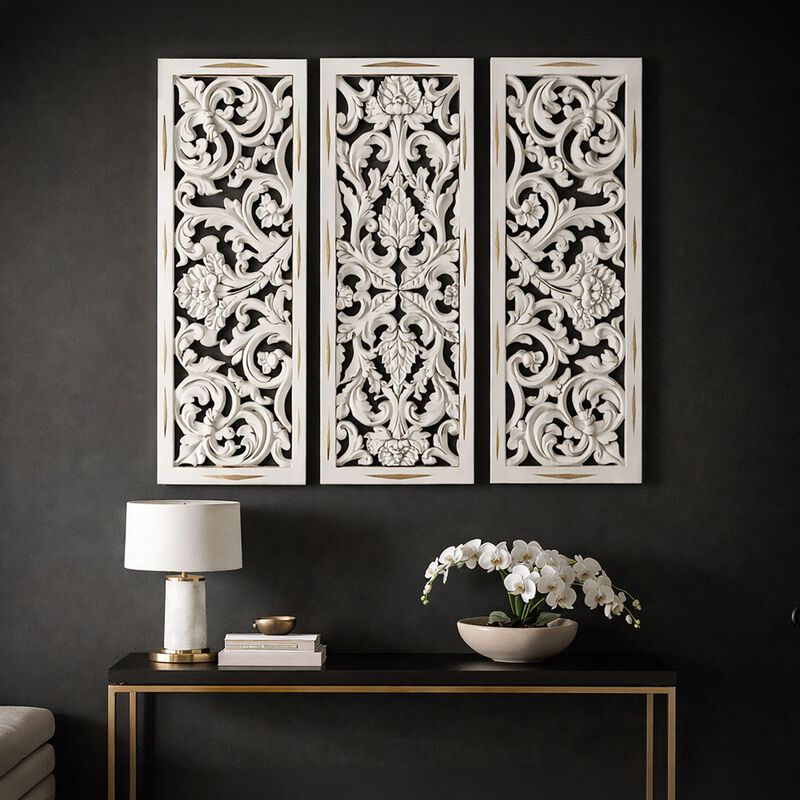 Leva 3pc Wood Wall Decor Set, Moroccan Floral Carving, Antique White Finish, 36 Inch Square image number 6