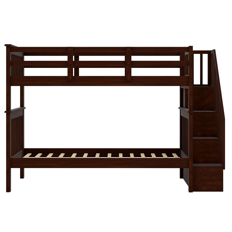 Stairway Twin-Over-Twin Bunk Bed with Storage and Guard Rail for Bedroom, Dorm, Espresso color