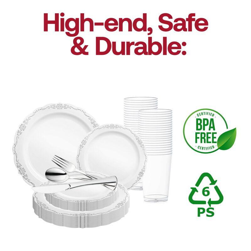 White with Silver Vintage Rim Round Plastic Wedding Value Set (30 Sets) image number 4