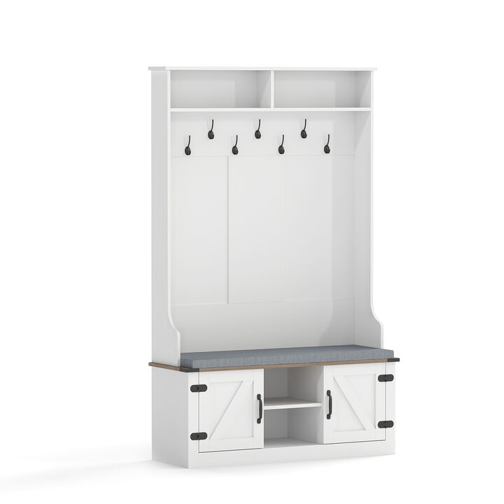 Tall Coat Rack with Cushioned Bench and Shoe Storage for Entryway-White