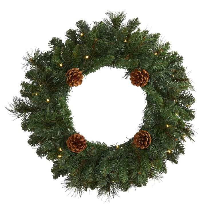Nearly Natural 20-in Pine Artificial Christmas Wreath with 35 LED Lights and Pinecones