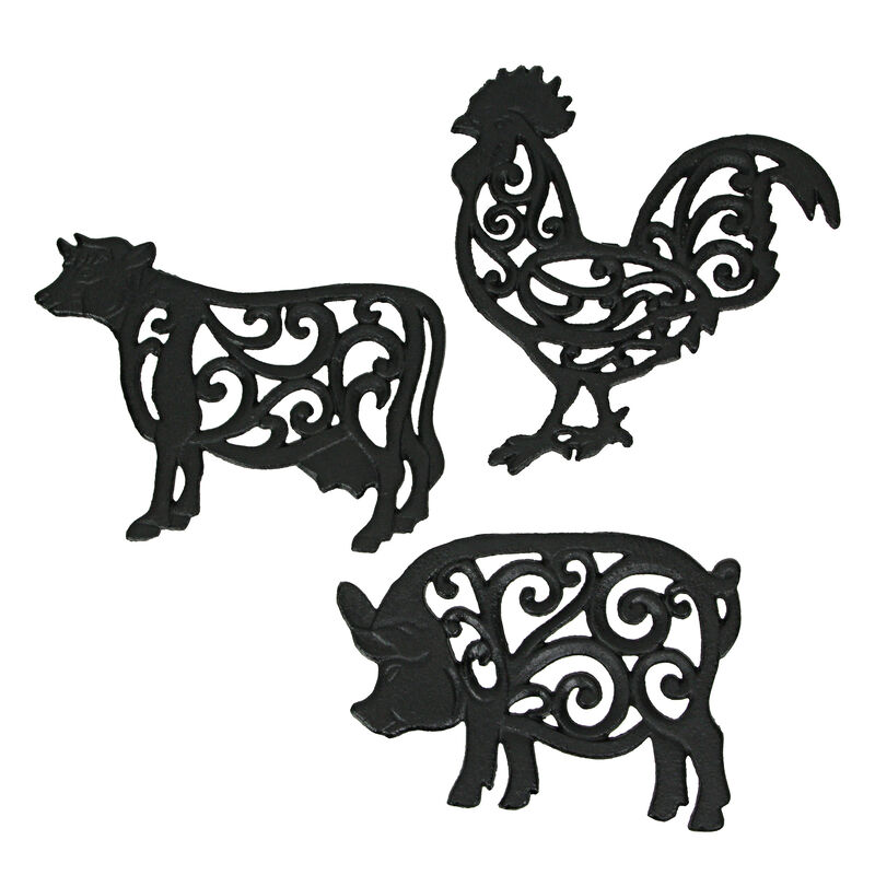 Set of 3 Black Cast Iron Farm Animal Kitchen Trivets Decorative Wall Hanging Art image number 0