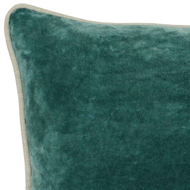 Square Fabric Throw Pillow with Solid Color and Piped Edges, Teal Green - Benzara