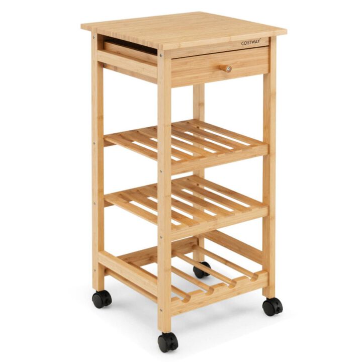 Hivvago Bamboo Rolling Kitchen Trolley Cart with Drawer and Wine Rack-Natural
