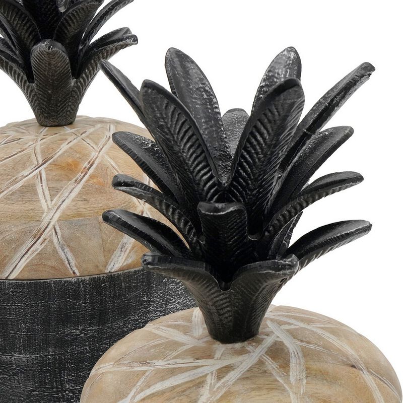 14, 12, 11 Inch Lidded Jar, Pineapple Design, Gray Mango Wood, Set of 3 - Benzara