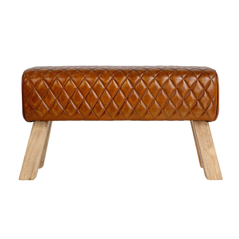 Stitched Leather and Wood Bench, Camel and Natural image number 3
