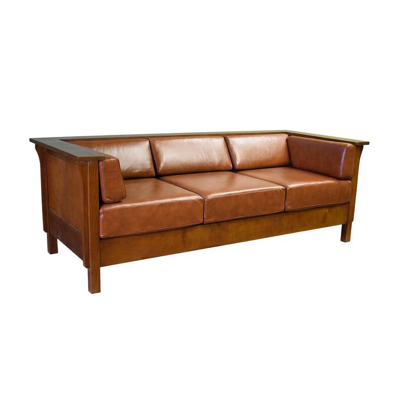 Crafters and Weavers Mission Craftsman Cubic Panel Side Sofa - Russet Brown Leather