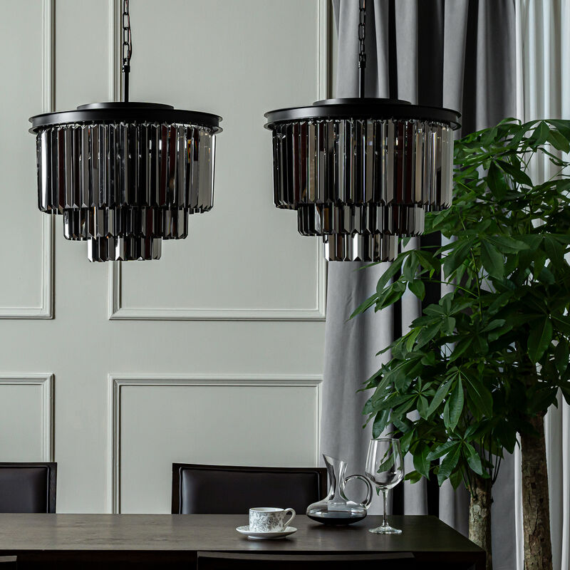 6-Lights Modern Matte Black 3-Tier Round Fringe Chandelier with Smoke Crystal Accent image number 3