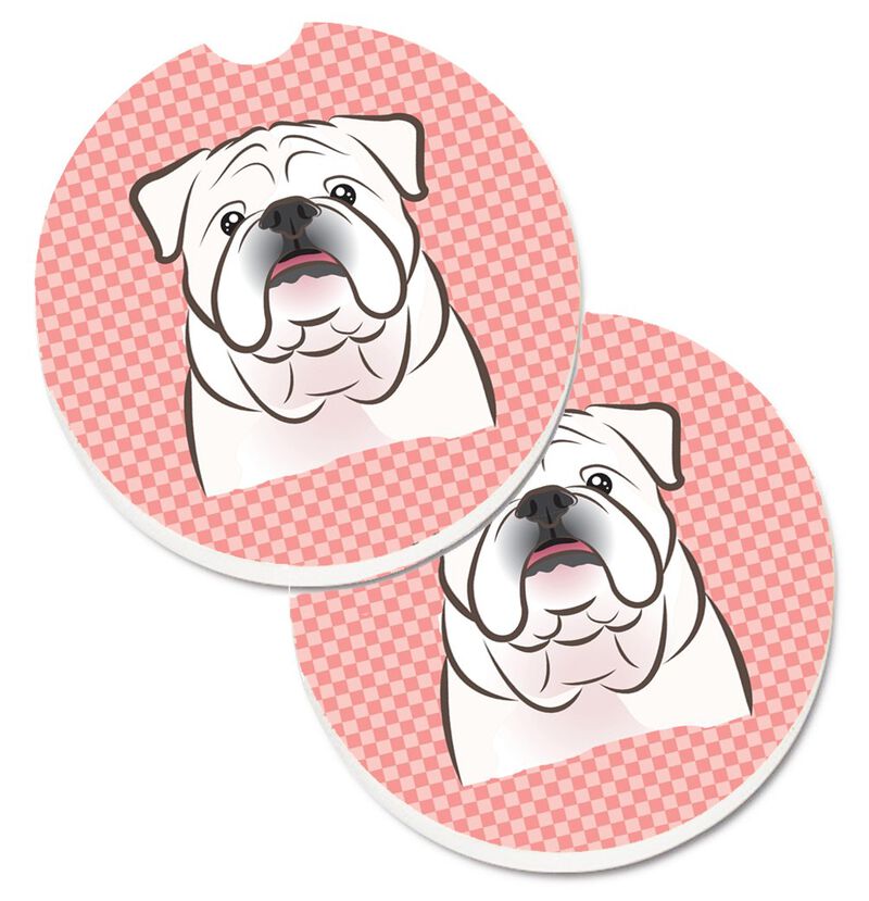 Caroline's Treasures Checkerboard Pink White English Bulldog Set of 2 Cup Holder Car Coasters BB1220CARC, 2.56, Multicolor