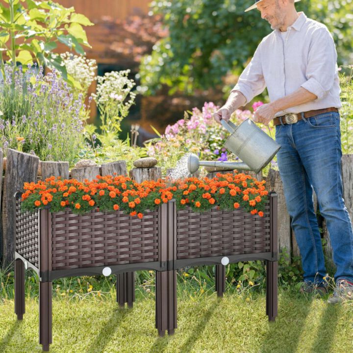Hivvago 2 Set Elevated Plastic Raised Garden Bed Planter Kit for Flower Vegetable Grow-Brown