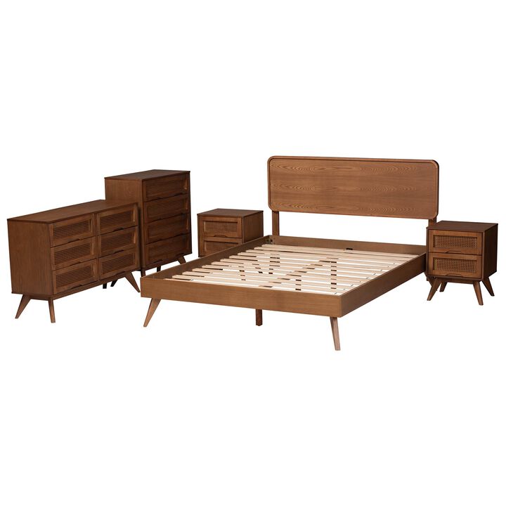 Baxton Studio Demeter Mid-Century Modern Walnut Brown Finished Wood Queen Size 5-Piece Bedroom Set