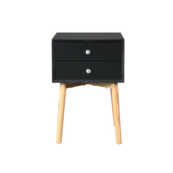 Side Table, Bedside Table with 2 Drawers and Rubber Wood Legs, Mid-Century Modern Storage Cabinet for Bedroom Living Room, Black