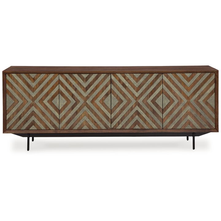Sideboard Cabinet Console, 4 Carved Diamond Style Doors, Brown 76 Inch