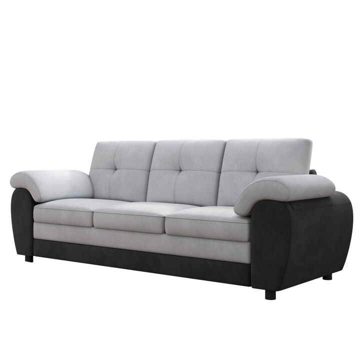 81.9″ Large size Three Seat Sofa, Modern Upholstered, Black leather paired with light gray velvet