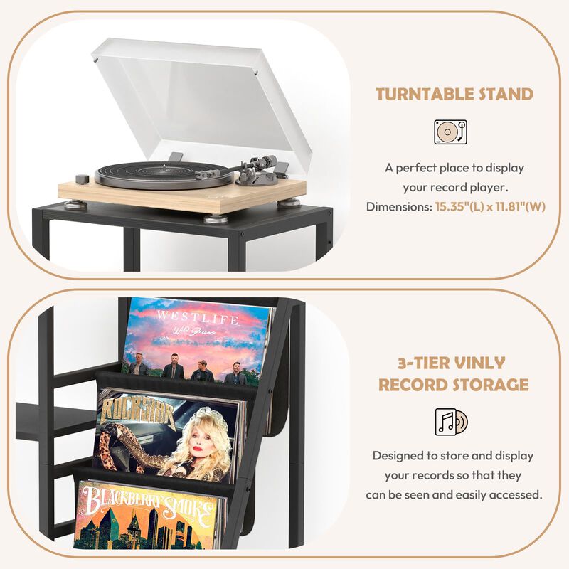 Bikoney Mid Century Modern Record Player Stand, Guitar Stand for Acoustic, Electric Guitar, Bass with Amp Stand, 3-Tier Vinyl Re