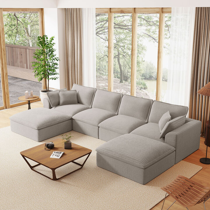 Whisen 142*82" Fully Compressed Modular Sectional Sofa, U Shape with Ottomans, Luxury Corduroy with Extra Width&Depth Cloud Like Soft Cushion