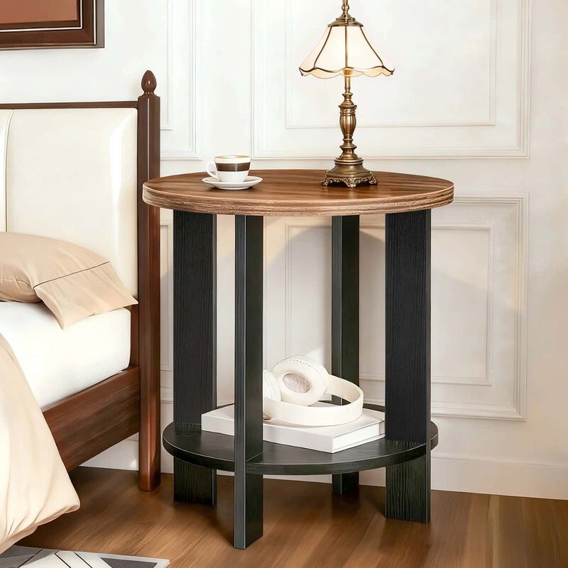 Farmhouse End Table with Two-Tier Storage Shelf and Round Design-Brown image number 4