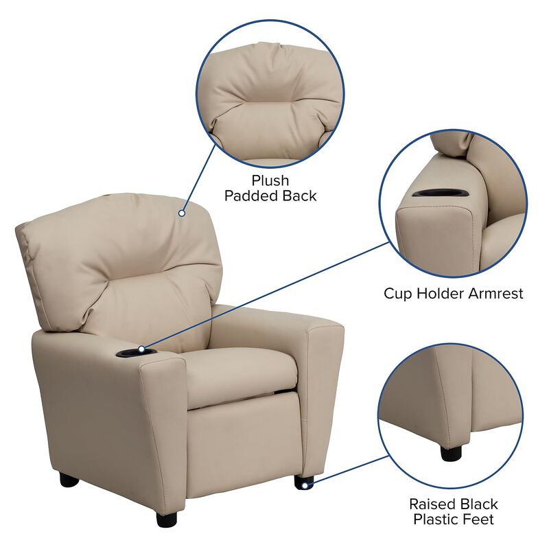 Flash Furniture Chandler Vinyl Kids Recliner with Cup Holder and Safety Recline, Contemporary Reclining Chair for Kids, Supports up to 90 lbs., Beige