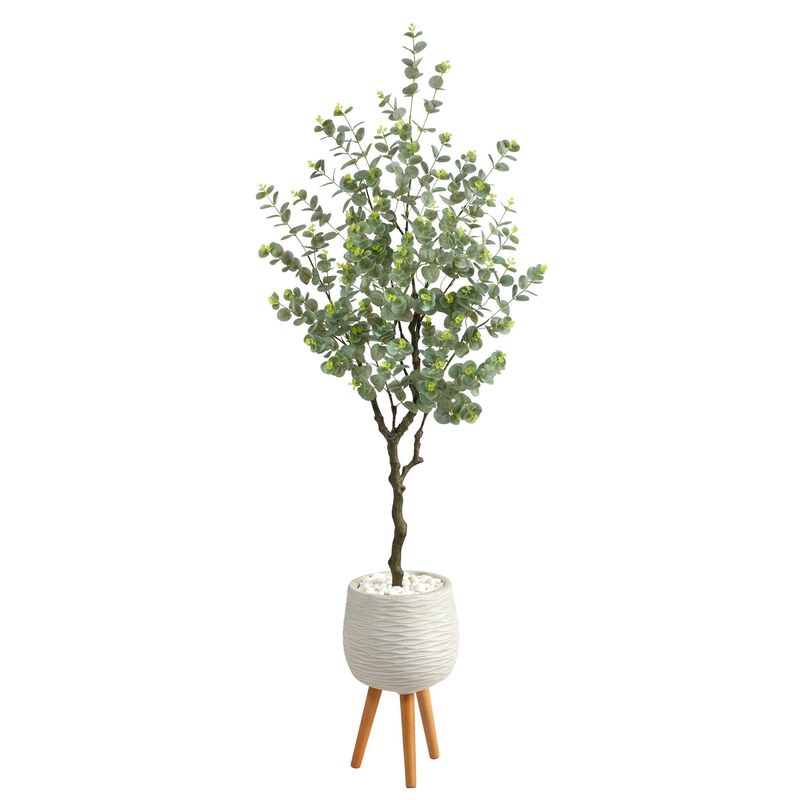 Nearly Natural 70-in Eucalyptus Artificial Tree in White Planter with Stand