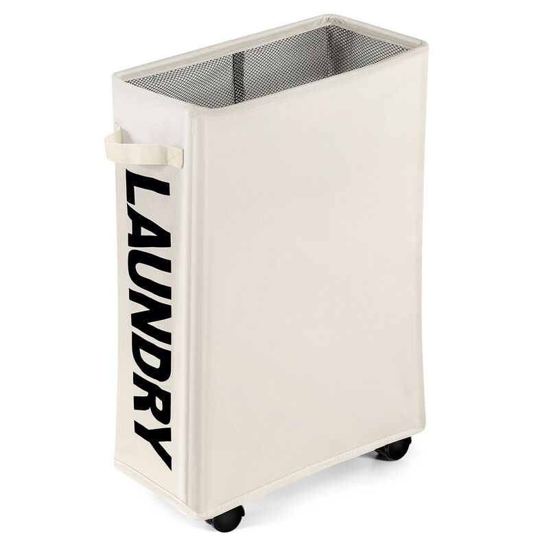 10 Gallon Slim Rolling Laundry Basket with Handle for Bathroom Dorm-Beige
