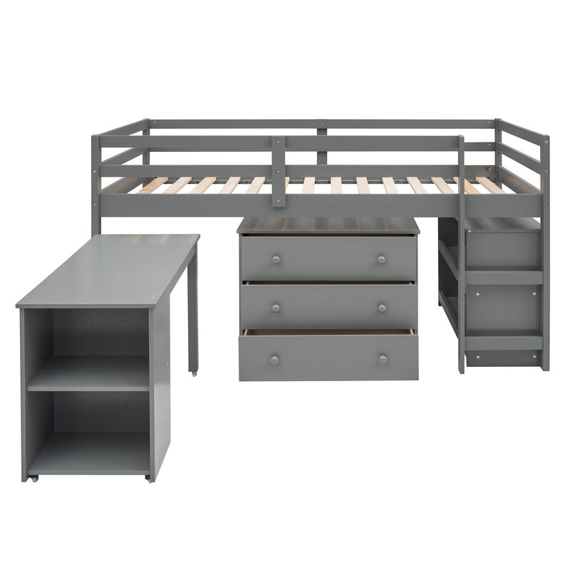 Merax Low Loft Bed with Cabinet and Rolling Portable Desk