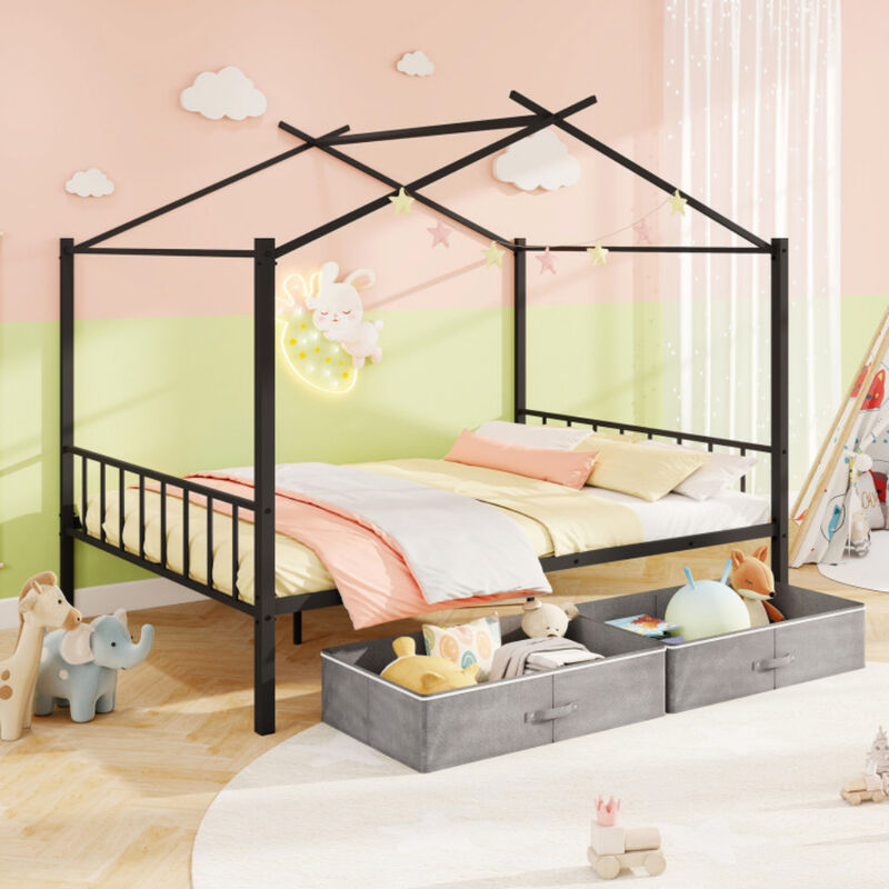 Metal House Bed with 2 Fabric Drawers for Kids, Fun and Functional Bedroom Furniture