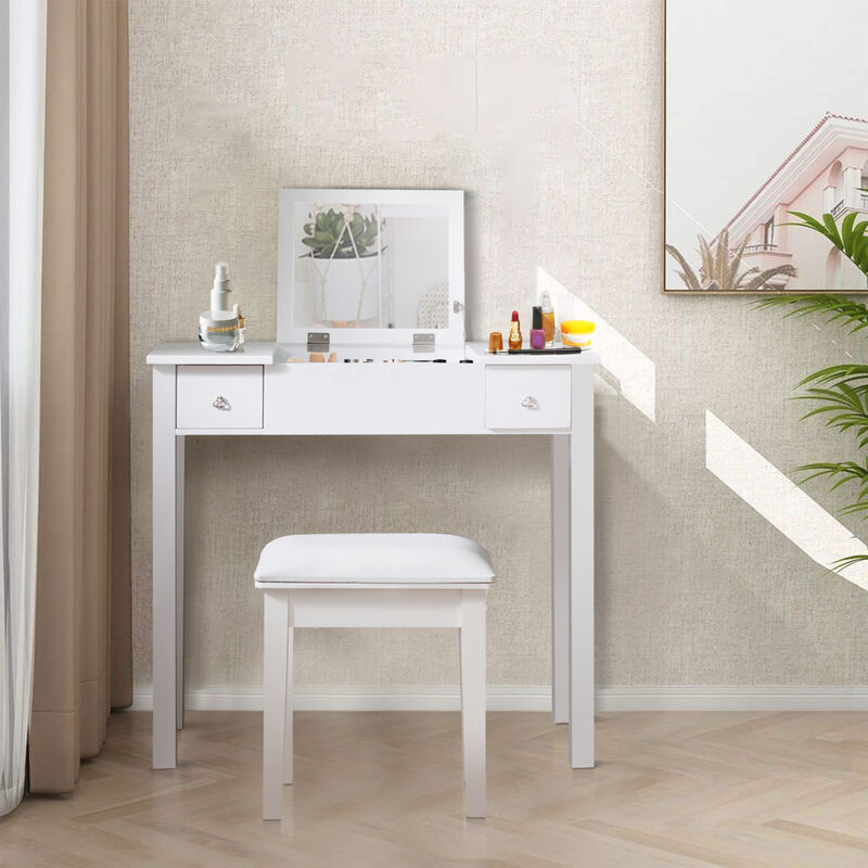 Accent White Vanity Table with Flip-Top Mirror and 2 Drawers, Jewelry Storage for Women Dressing