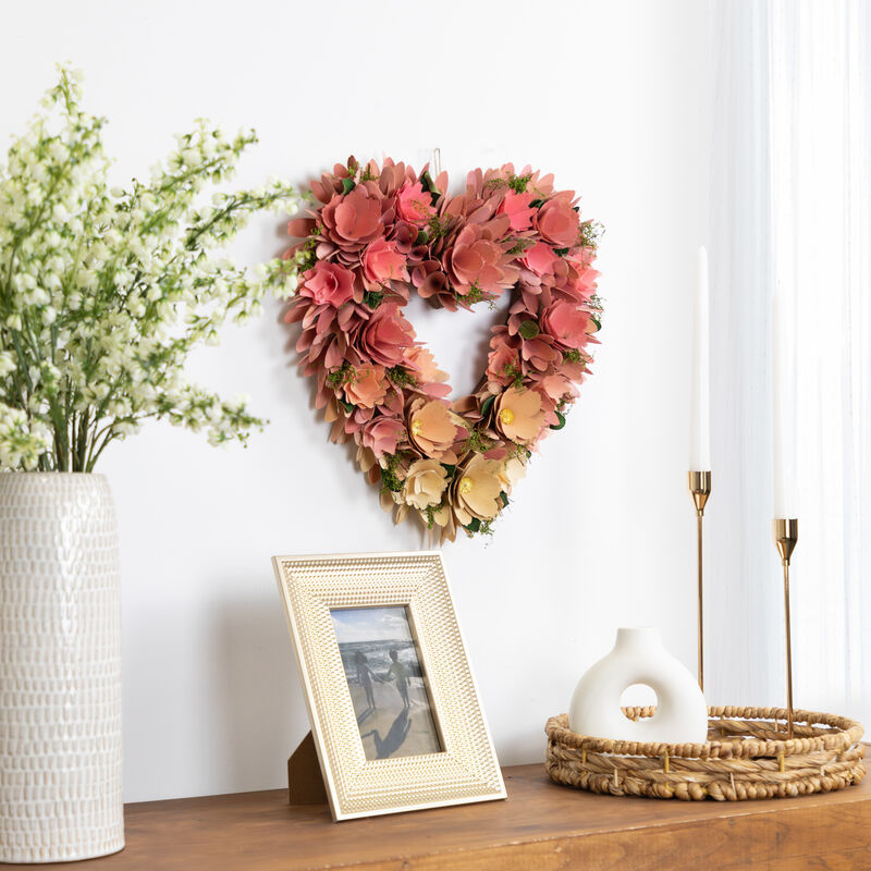 Mixed Floral Artificial Valentine's Day Heart Wreath - 15" - Pink and Yellow image number 1