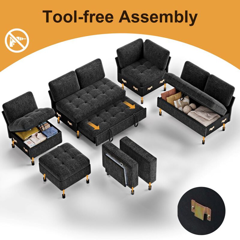 102" L-Shaped Chenille Modular Sectional Sleeper Sofa with Pullout Bed, Reclining Backrest, USB image number 4