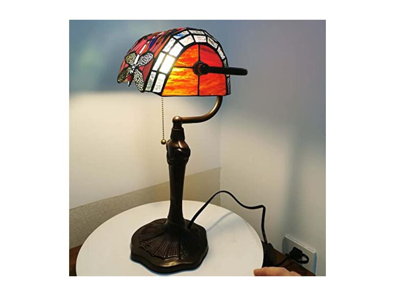 Tiffany Style Stained Glass Dragonfly Table Lamp For Office Red image number 2
