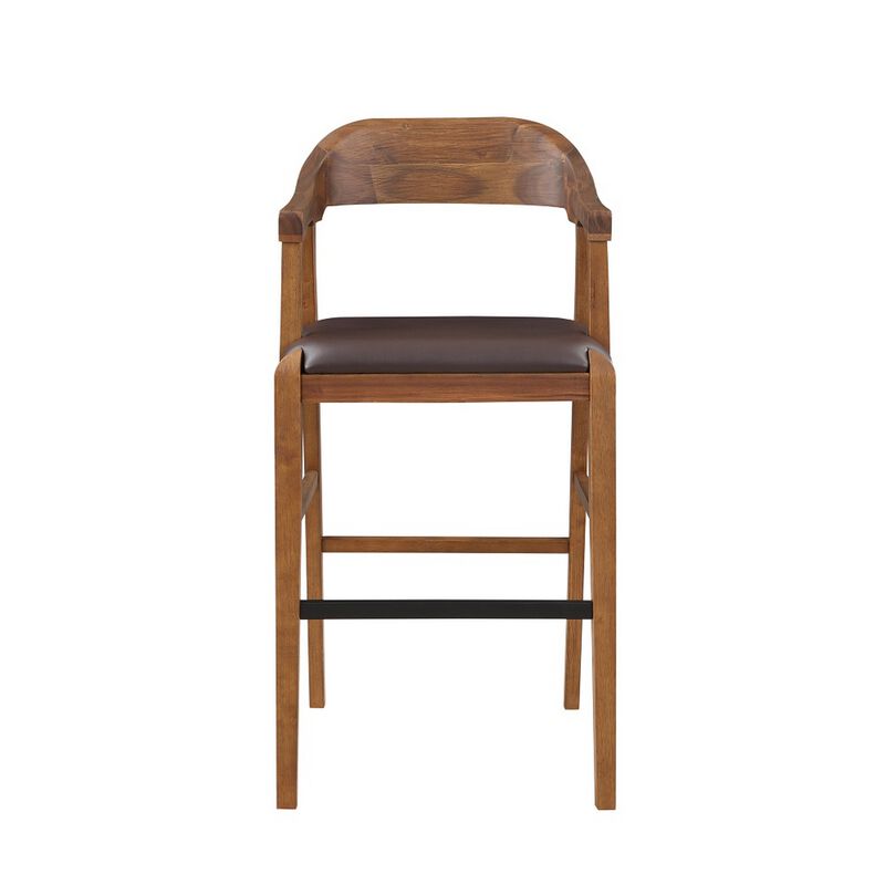 Rase 29 Inch Barstool Chair, Faux Leather Seat, Open Curved Back, Brown - Benzara