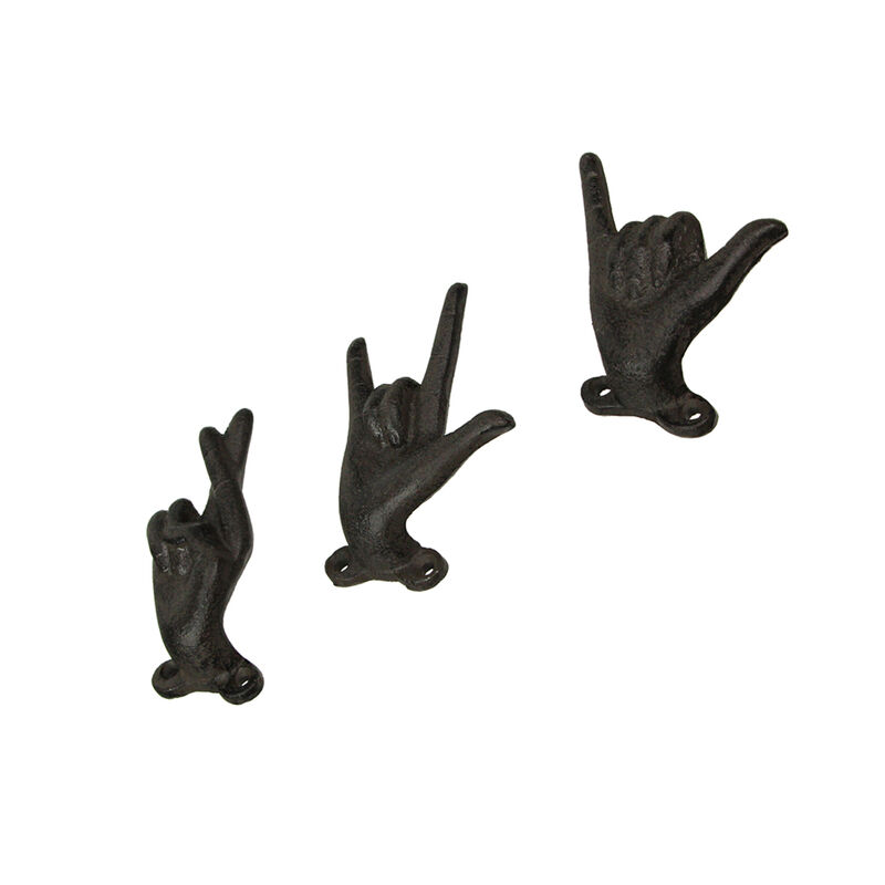Set of 3 Brown Cast Iron Hand Gesture Wall Hooks image number 2