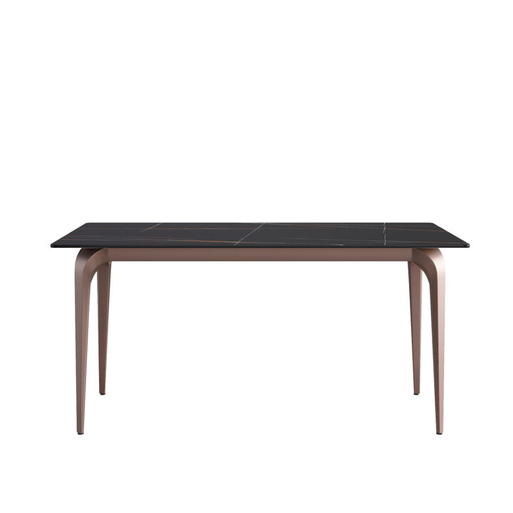 63" Modern artificial stone black straight edge metal leg dining table -6 people