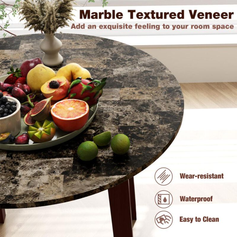 Hivvago 35 Inch Round Dining Table with Rubber Wood Legs and Marble-textured Veneer Tabletop