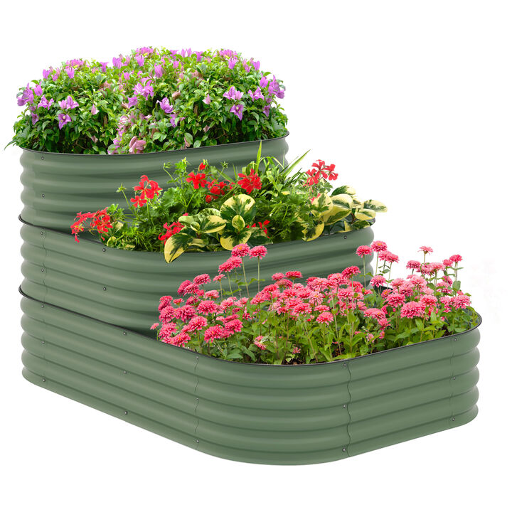 Outsunny 3-Tier Galvanized Steel Raised Garden Bed Kit, 62.25" x 43" x 32.25", 3 Combining Planter Boxes with Rubber Strip Edging, Open Bottom for Backyard, Garden, Patio, Green