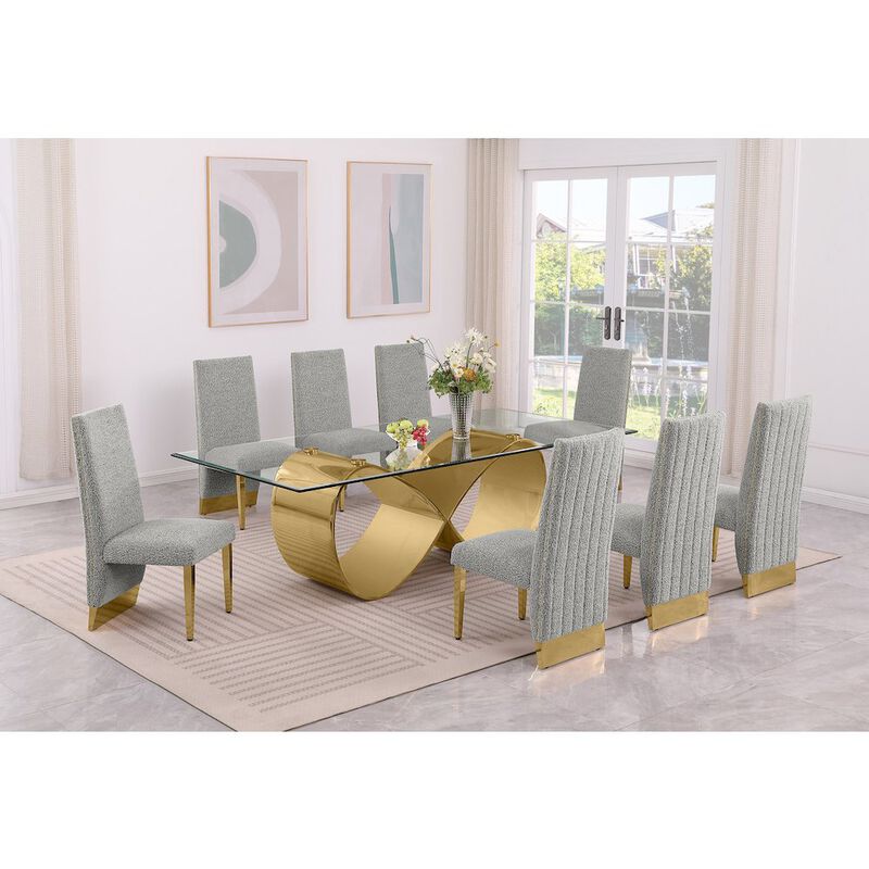 Best Quality Furniture 9Pc Tempered Glass Dining Set With 8 Rich Gray Boucle Chairs And Gold Base