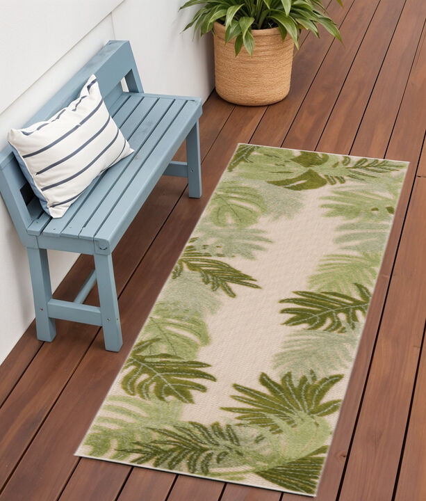 HomeRoots 6' Ivory And Green Palm Leaf Indoor Outdoor Runner Rug