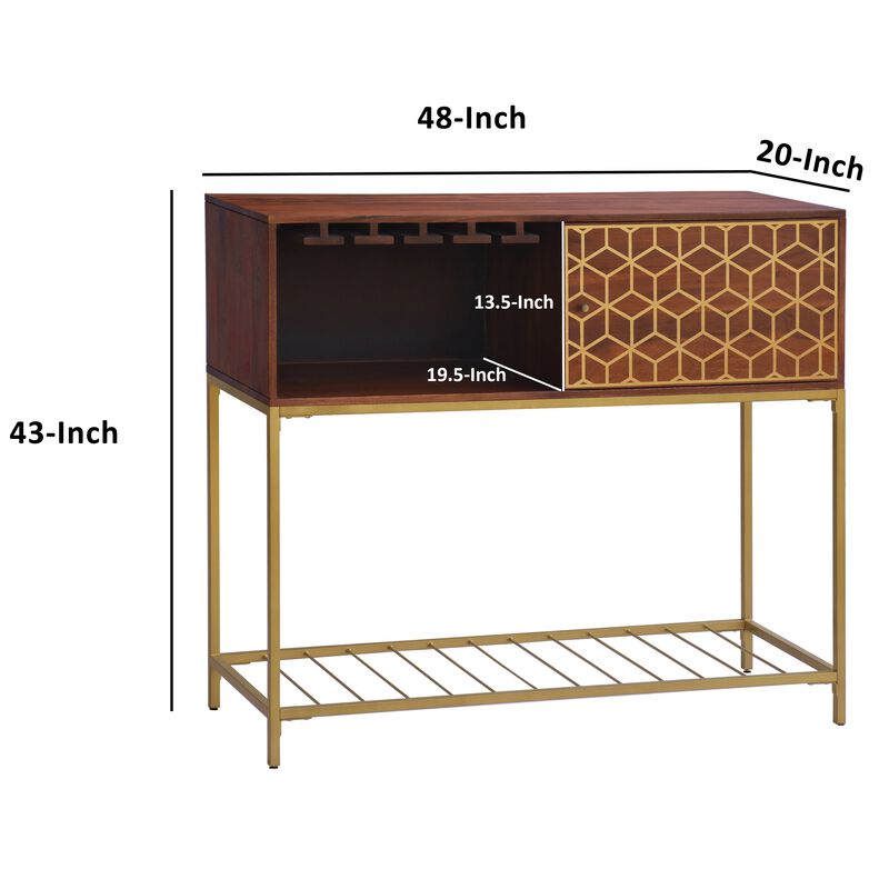 Kalyn 48 Inch Acacia Wood Bar Cabinet, 1 Door, Metal Frame, Geometric Screen-Printed Design