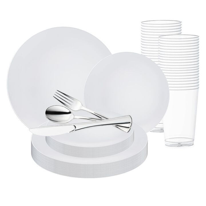 White with Silver Rim Organic Round Plastic Wedding Value Set (30 Sets)