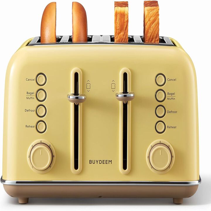 BUYDEEM DT640 4-Slice Toaster, Extra Wide Slots, Retro Stainless Steel with High Lift Lever, Bagel and Muffin Function, Removal Crumb Tray, 7-Shade Settings