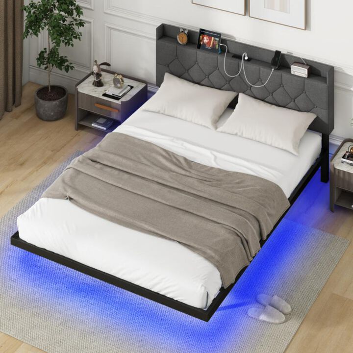 Hivvago Floating Bed Frame with LED and Headboard and Charging Station-Queen