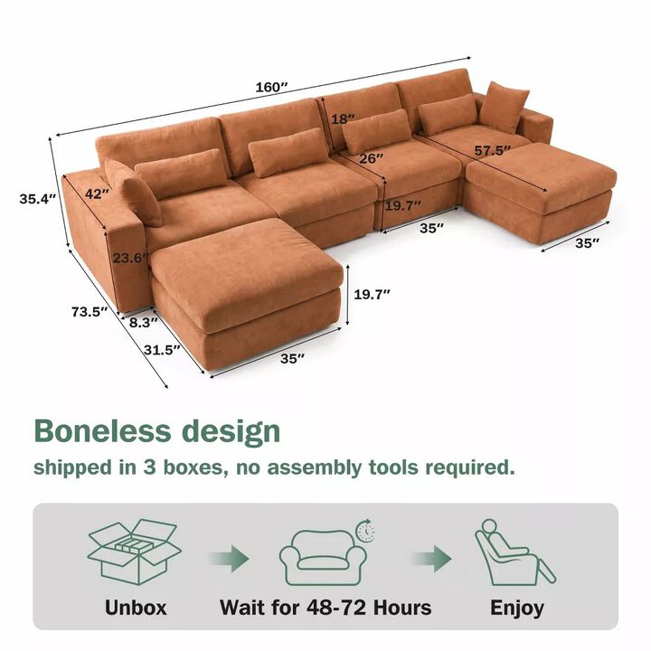 Vipbear 160" Oversized U Shaped Cloud Sectional Sofa Boneless Modular Couch with Movable Ottoman