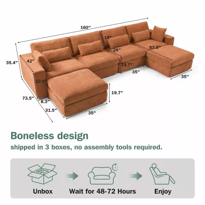 Vipbear 160" Oversized U Shaped Cloud Sectional Sofa Boneless Modular Couch with Movable Ottoman image number 1
