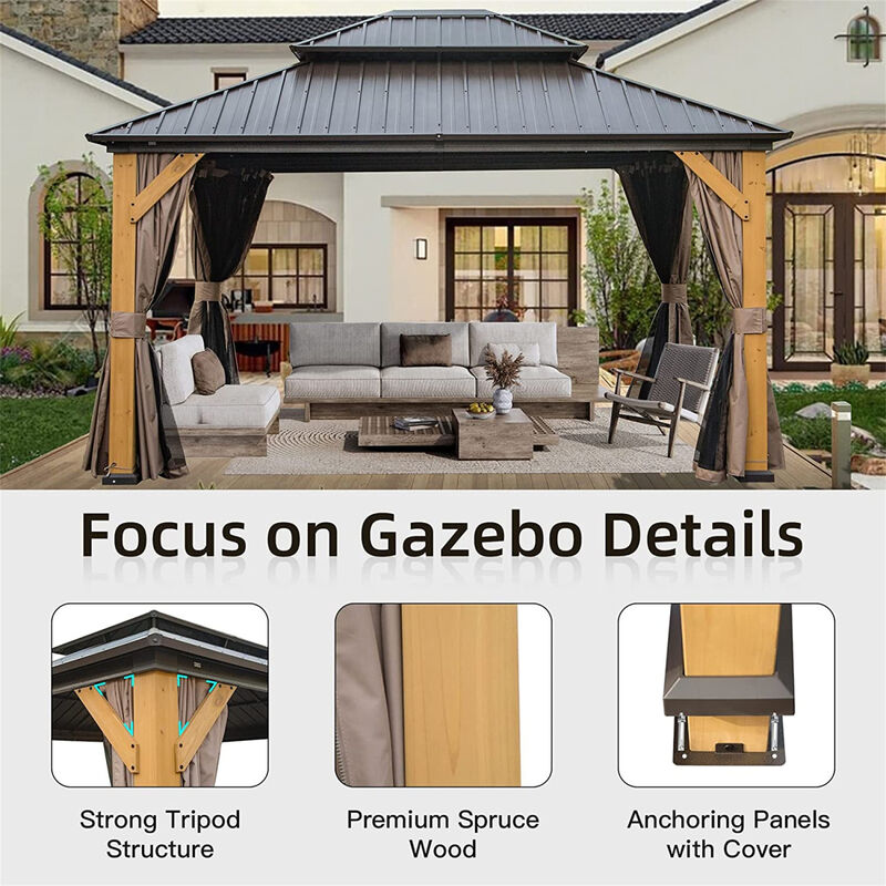Streamdale Cedar Wood Framed Hardtop Gazebo with Curtains and Netting image number 3