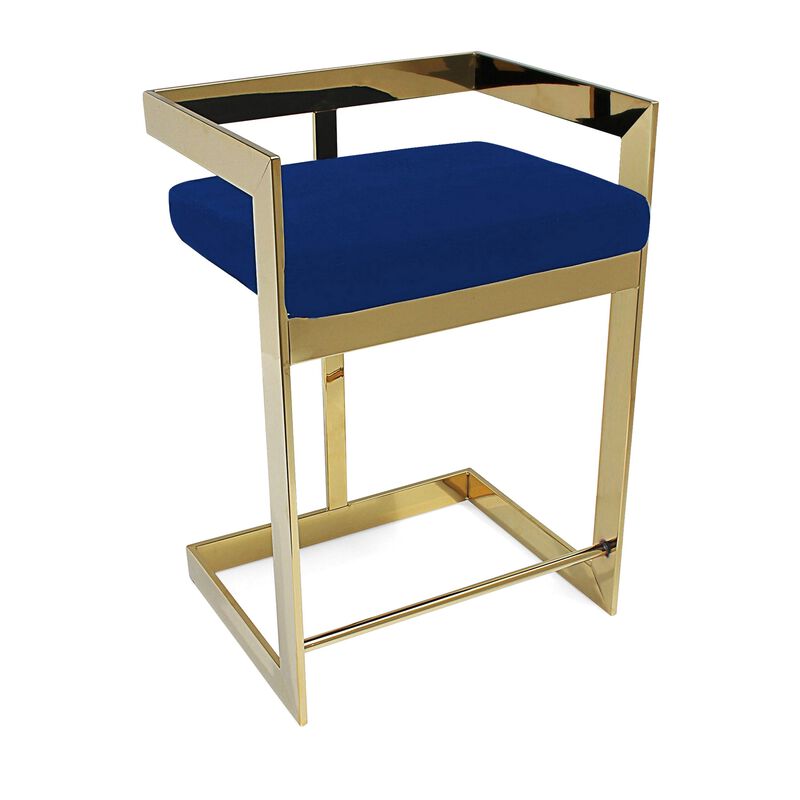 Dok 26 Inch Counter Height Stool, Blue, Cantilever, Gold Stainless Steel