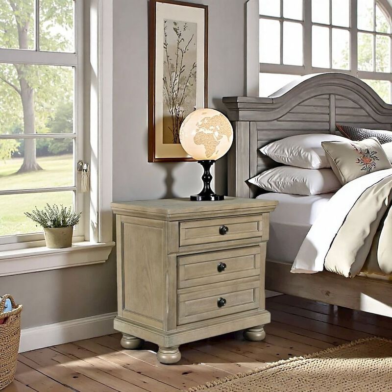 Gray Wood Nightstand with Drawers &ndash; Classic 3 Drawer Bedroom Side Table image number 2
