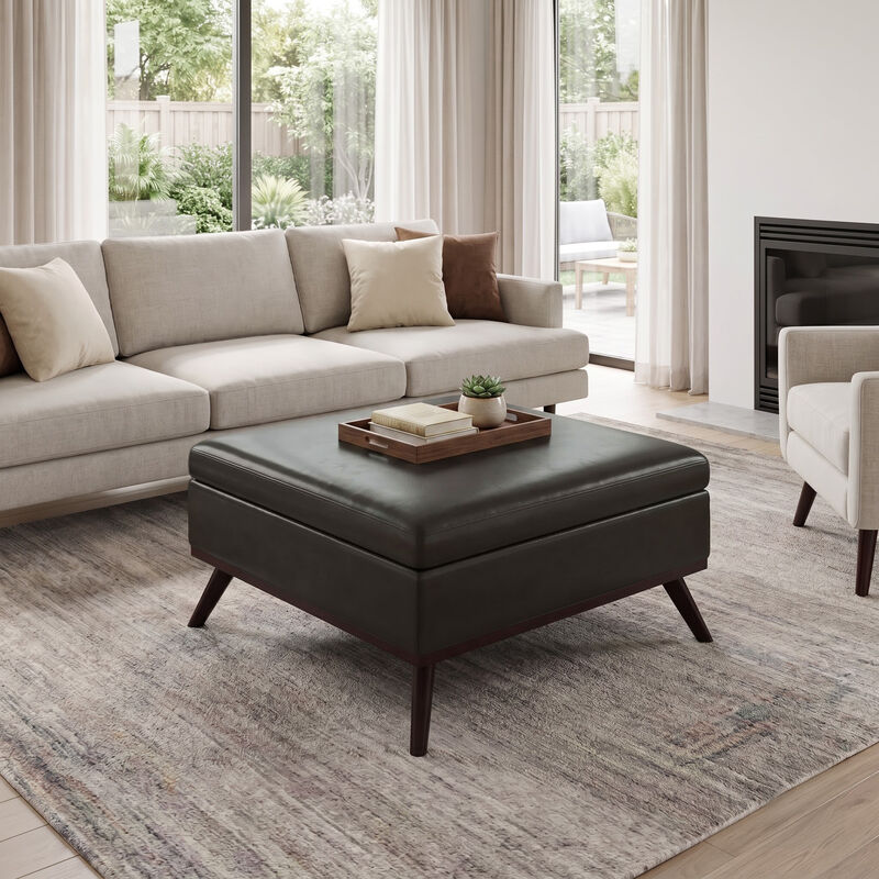 Owen 36 inch Wide Mid Century Modern Square Coffee Table Storage Ottoman in Tanners Brown Vegan Faux Leather, Assembled image number 1