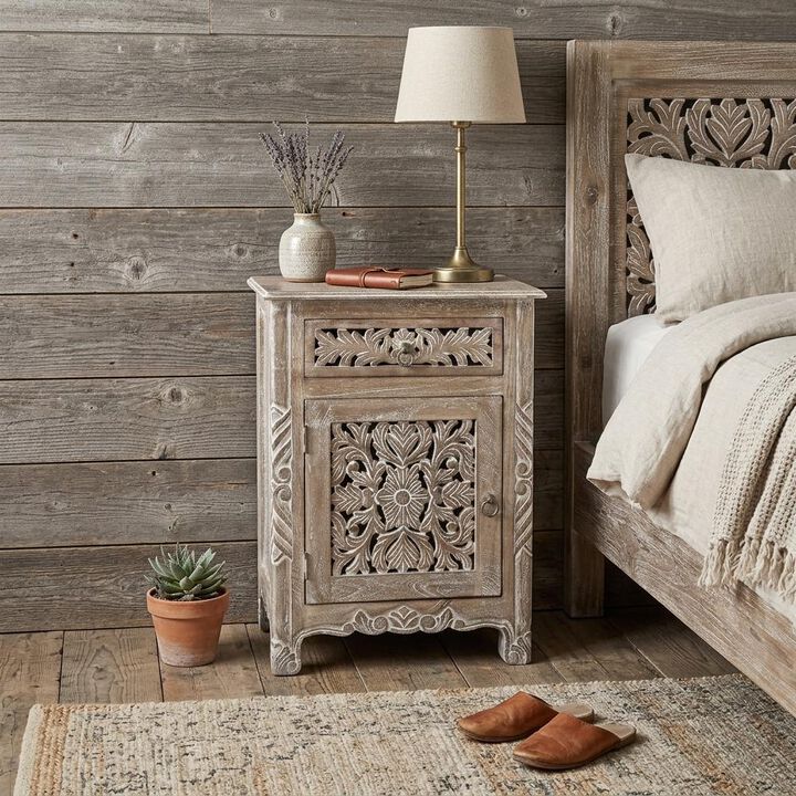 HomeRoots 30" Gray Solid Wood Distressed One Drawer Nightstand