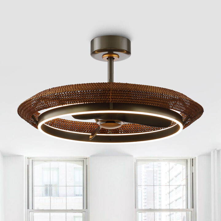 33.1" Farmhouse Graphite Silver Rattan Caged Dimmable Ceiling Fan with Light and Remote