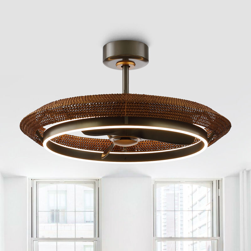 33.1" Farmhouse Graphite Silver Rattan Caged Dimmable Ceiling Fan with Light and Remote